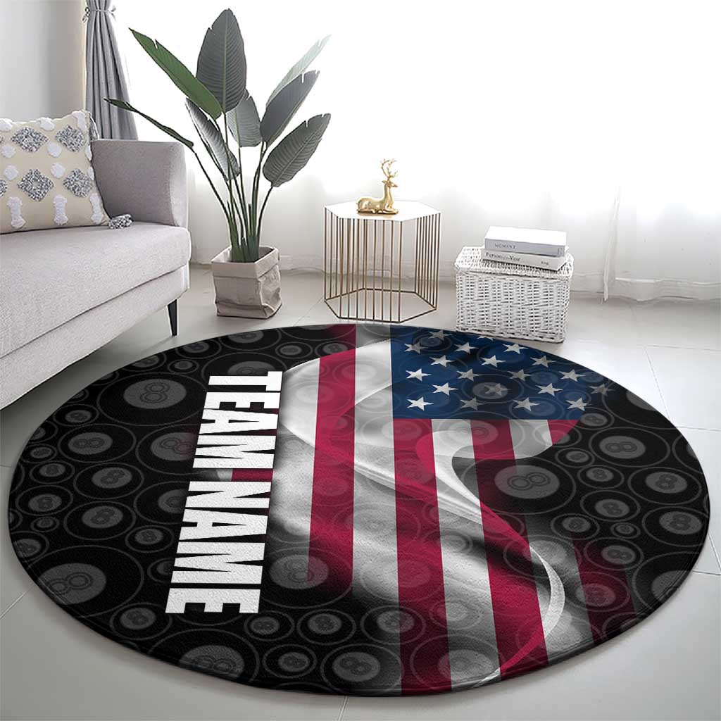 American Flag Bowling Ball and Pins Graphic Round Carpet with Black Patterned Background and Custom Team Name Design - Wonder Print Shop