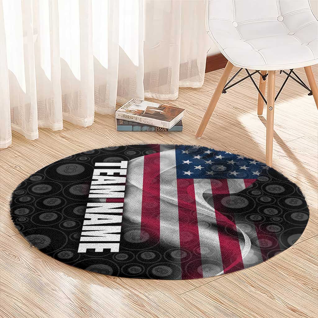 American Flag Bowling Ball and Pins Graphic Round Carpet with Black Patterned Background and Custom Team Name Design - Wonder Print Shop