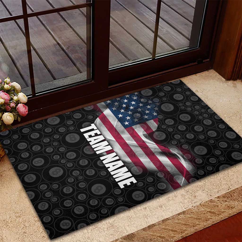 American Flag Bowling Ball and Pins Graphic Rubber Doormat with Black Patterned Background and Custom Team Name Design - Wonder Print Shop