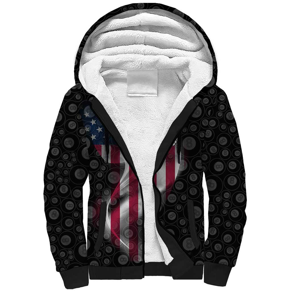 American Flag Bowling Ball and Pins Graphic Sherpa Hoodie with Black Patterned Background and Custom Team Name Design - Wonder Print Shop