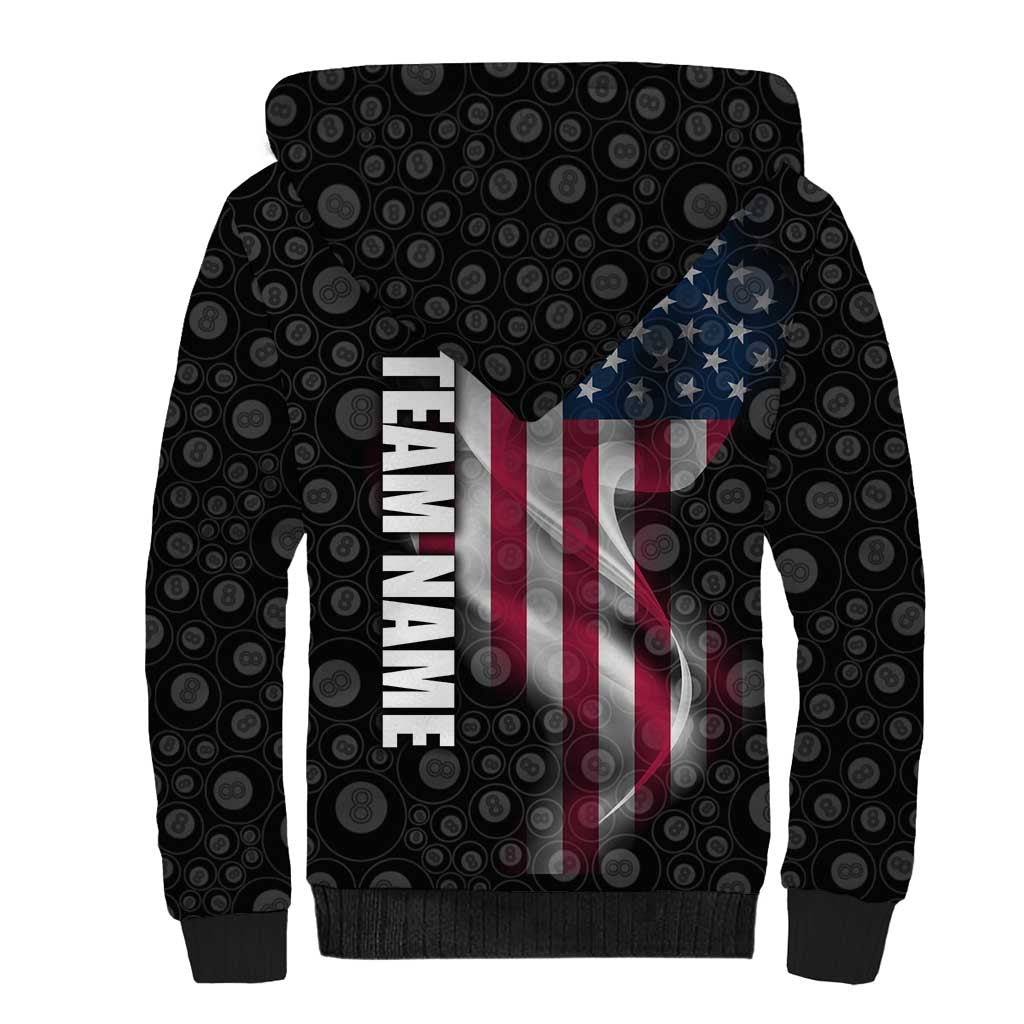 American Flag Bowling Ball and Pins Graphic Sherpa Hoodie with Black Patterned Background and Custom Team Name Design - Wonder Print Shop