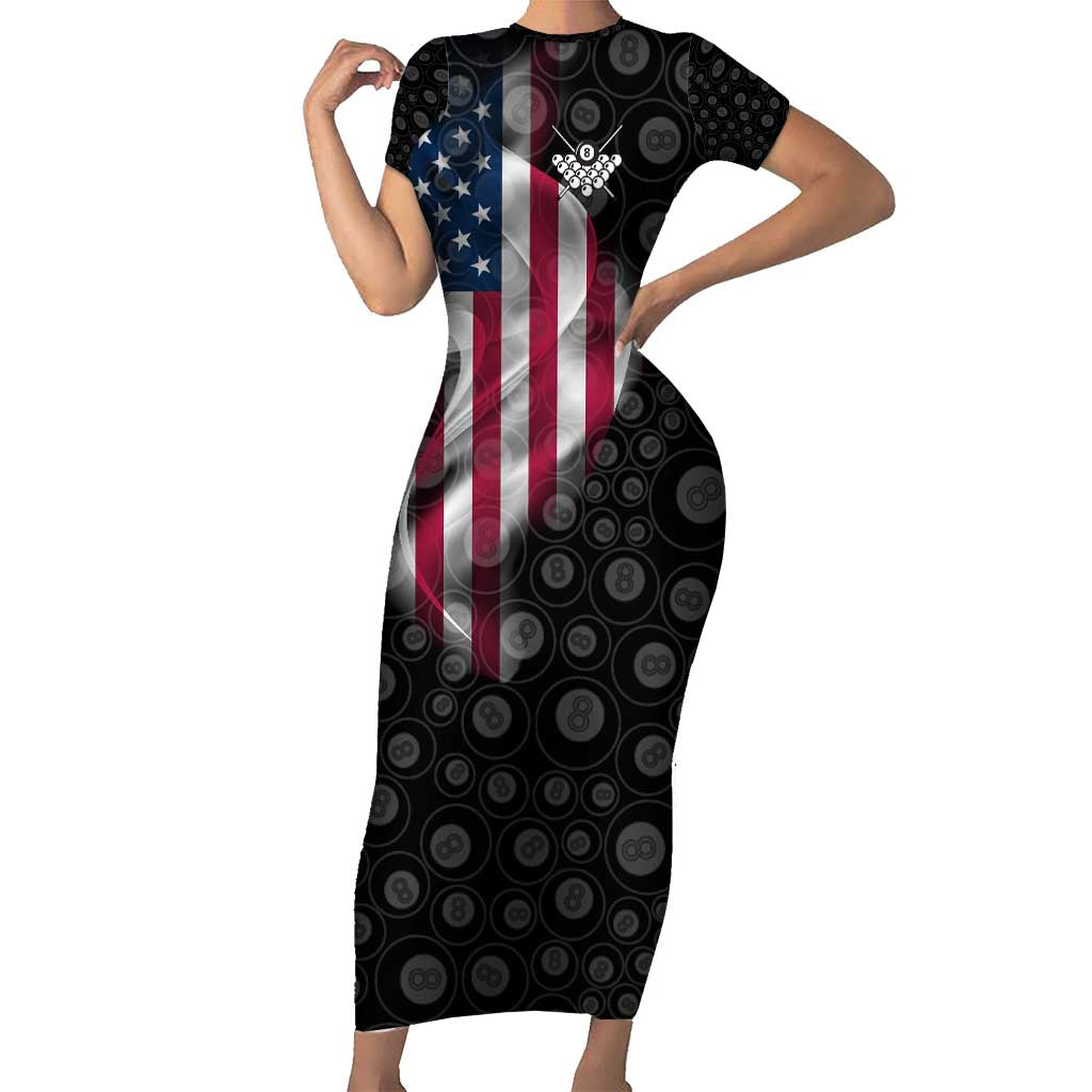 American Flag Bowling Ball and Pins Graphic Short Sleeve Bodycon Dress with Black Patterned Background and Custom Team Name Design - Wonder Print Shop