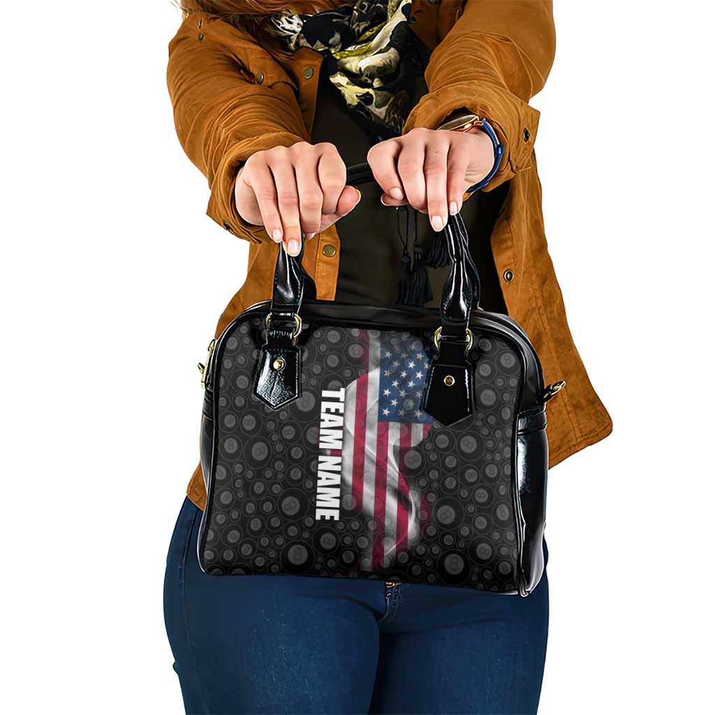 American Flag Bowling Ball and Pins Graphic Shoulder Handbag with Black Patterned Background and Custom Team Name Design - Wonder Print Shop