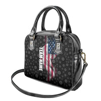 American Flag Bowling Ball and Pins Graphic Shoulder Handbag with Black Patterned Background and Custom Team Name Design - Wonder Print Shop
