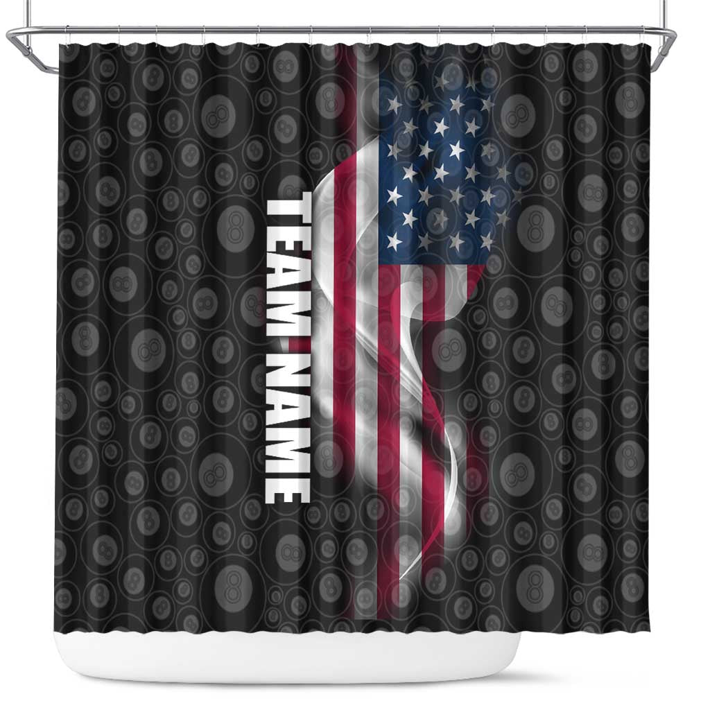 American Flag Bowling Ball and Pins Graphic Shower Curtain with Black Patterned Background and Custom Team Name Design - Wonder Print Shop