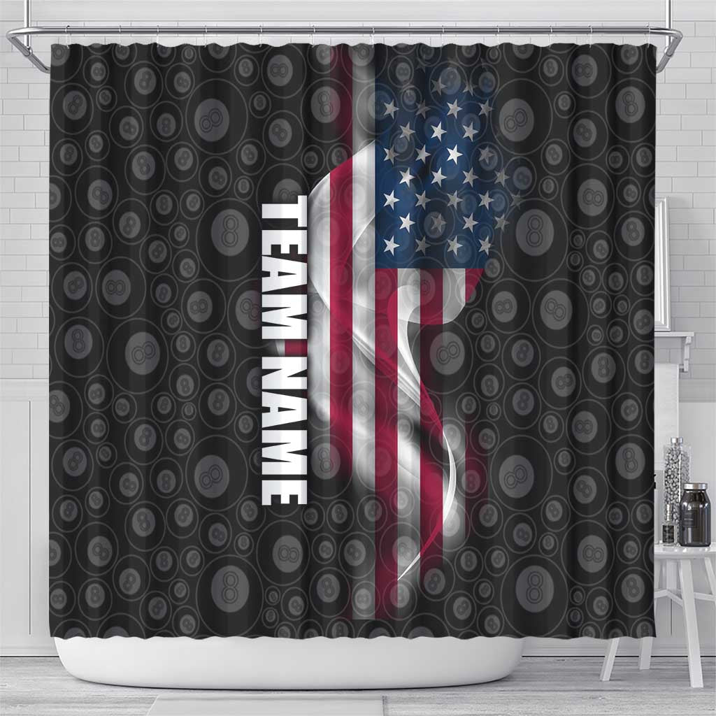 American Flag Bowling Ball and Pins Graphic Shower Curtain with Black Patterned Background and Custom Team Name Design - Wonder Print Shop