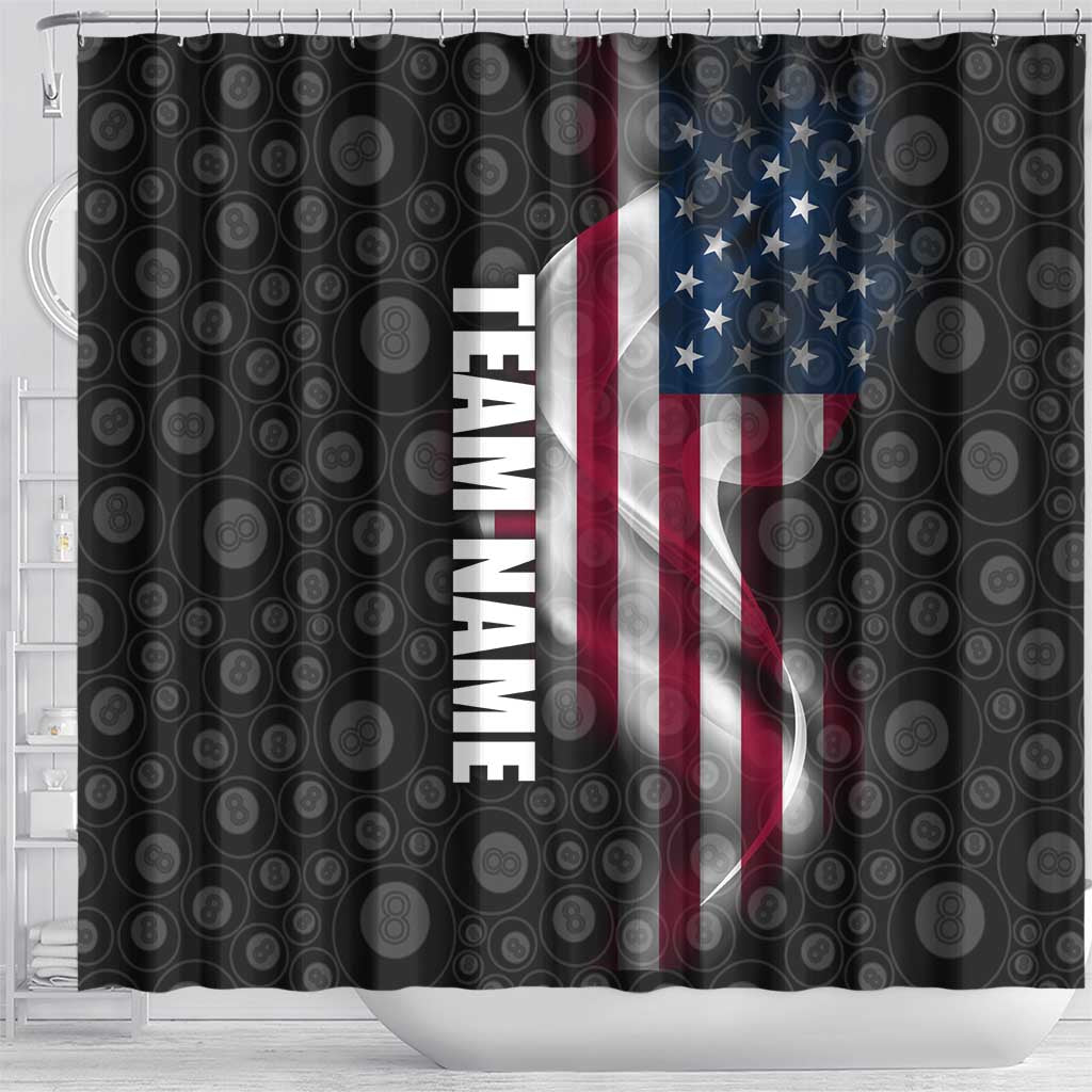 American Flag Bowling Ball and Pins Graphic Shower Curtain with Black Patterned Background and Custom Team Name Design - Wonder Print Shop