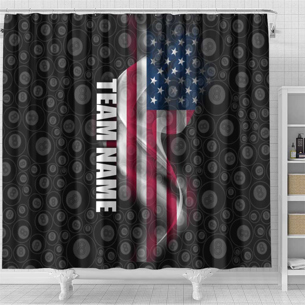 American Flag Bowling Ball and Pins Graphic Shower Curtain with Black Patterned Background and Custom Team Name Design - Wonder Print Shop