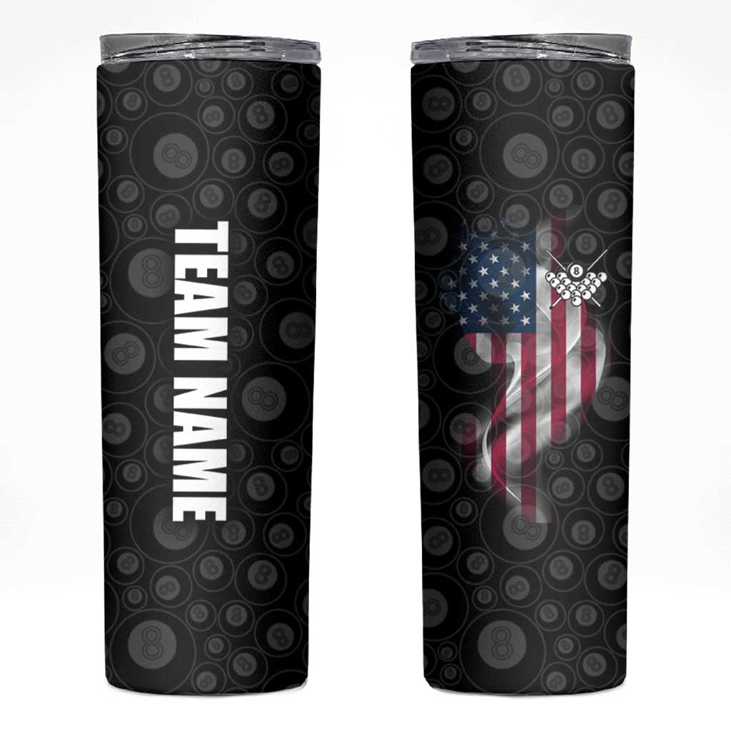 American Flag Bowling Ball and Pins Graphic Skinny Tumbler with Black Patterned Background and Custom Team Name Design - Wonder Print Shop