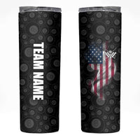 American Flag Bowling Ball and Pins Graphic Skinny Tumbler with Black Patterned Background and Custom Team Name Design - Wonder Print Shop