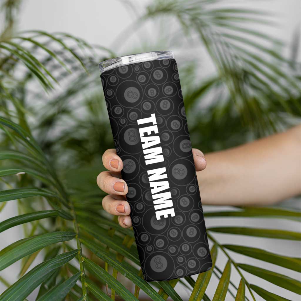 American Flag Bowling Ball and Pins Graphic Skinny Tumbler with Black Patterned Background and Custom Team Name Design - Wonder Print Shop