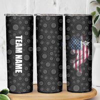 American Flag Bowling Ball and Pins Graphic Skinny Tumbler with Black Patterned Background and Custom Team Name Design - Wonder Print Shop