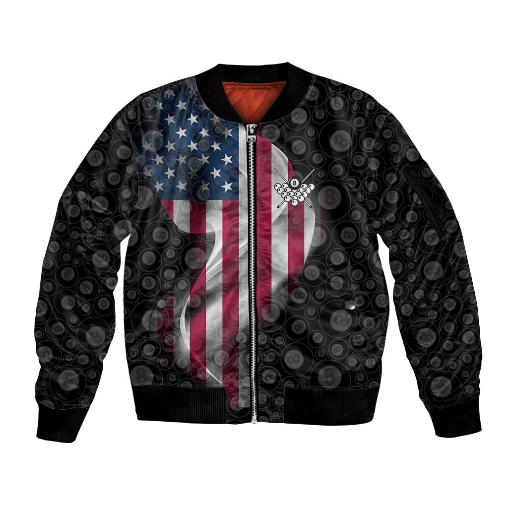American Flag Bowling Ball and Pins Graphic Sleeve Zip Bomber Jacket with Black Patterned Background and Custom Team Name Design - Wonder Print Shop