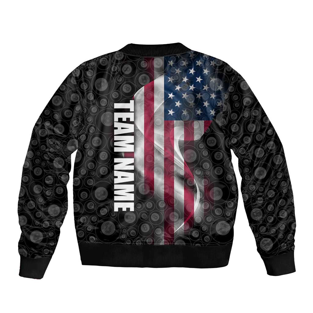 American Flag Bowling Ball and Pins Graphic Sleeve Zip Bomber Jacket with Black Patterned Background and Custom Team Name Design - Wonder Print Shop