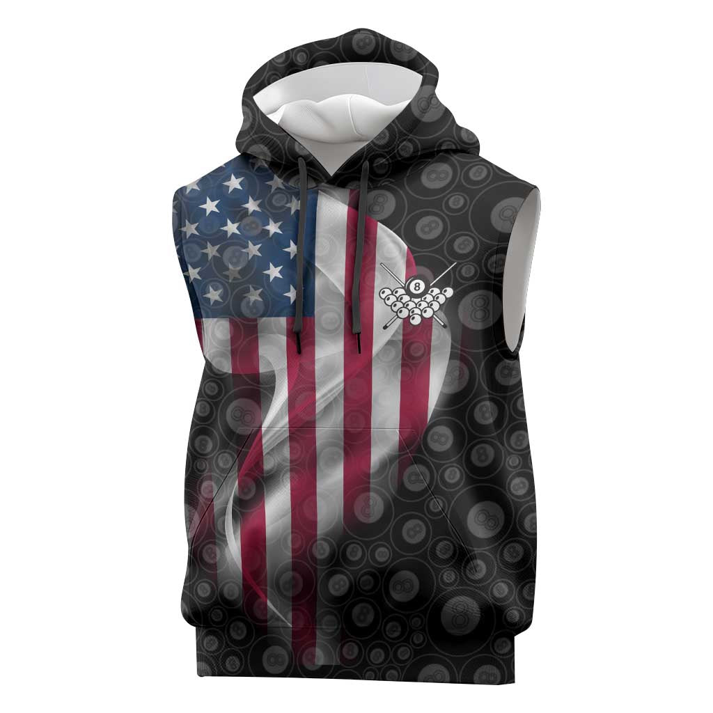 American Flag Bowling Ball and Pins Graphic Sleeveless Hoodie with Black Patterned Background and Custom Team Name Design - Wonder Print Shop