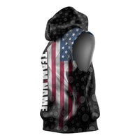 American Flag Bowling Ball and Pins Graphic Sleeveless Hoodie with Black Patterned Background and Custom Team Name Design - Wonder Print Shop