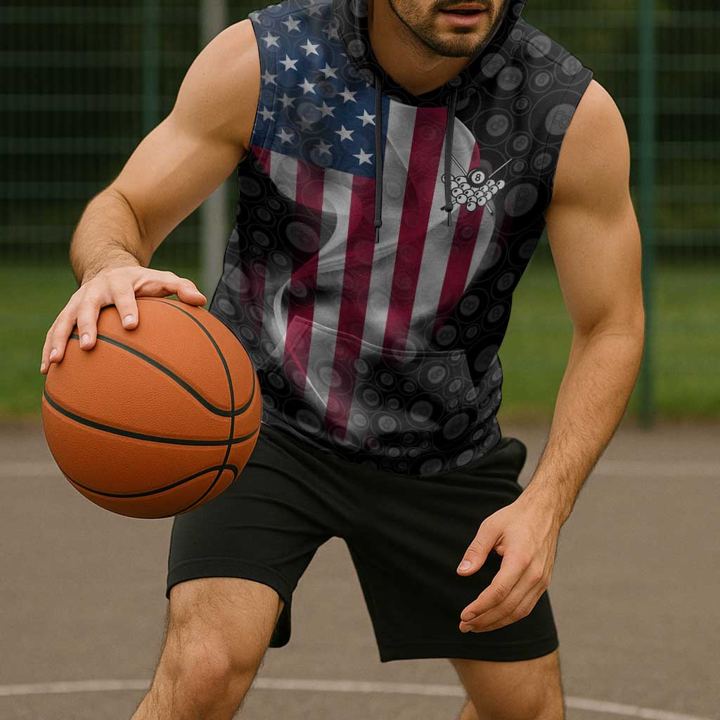 American Flag Bowling Ball and Pins Graphic Sleeveless Hoodie with Black Patterned Background and Custom Team Name Design - Wonder Print Shop