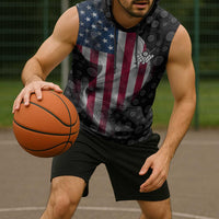 American Flag Bowling Ball and Pins Graphic Sleeveless Hoodie with Black Patterned Background and Custom Team Name Design - Wonder Print Shop