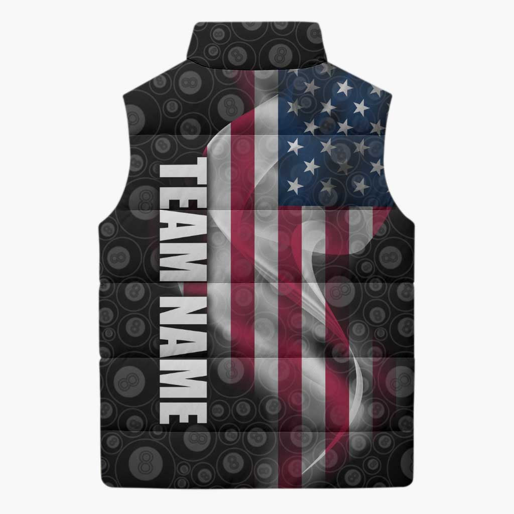 American Flag Bowling Ball and Pins Graphic Sleeveless Puffer Jacket with Black Patterned Background and Custom Team Name Design - Wonder Print Shop