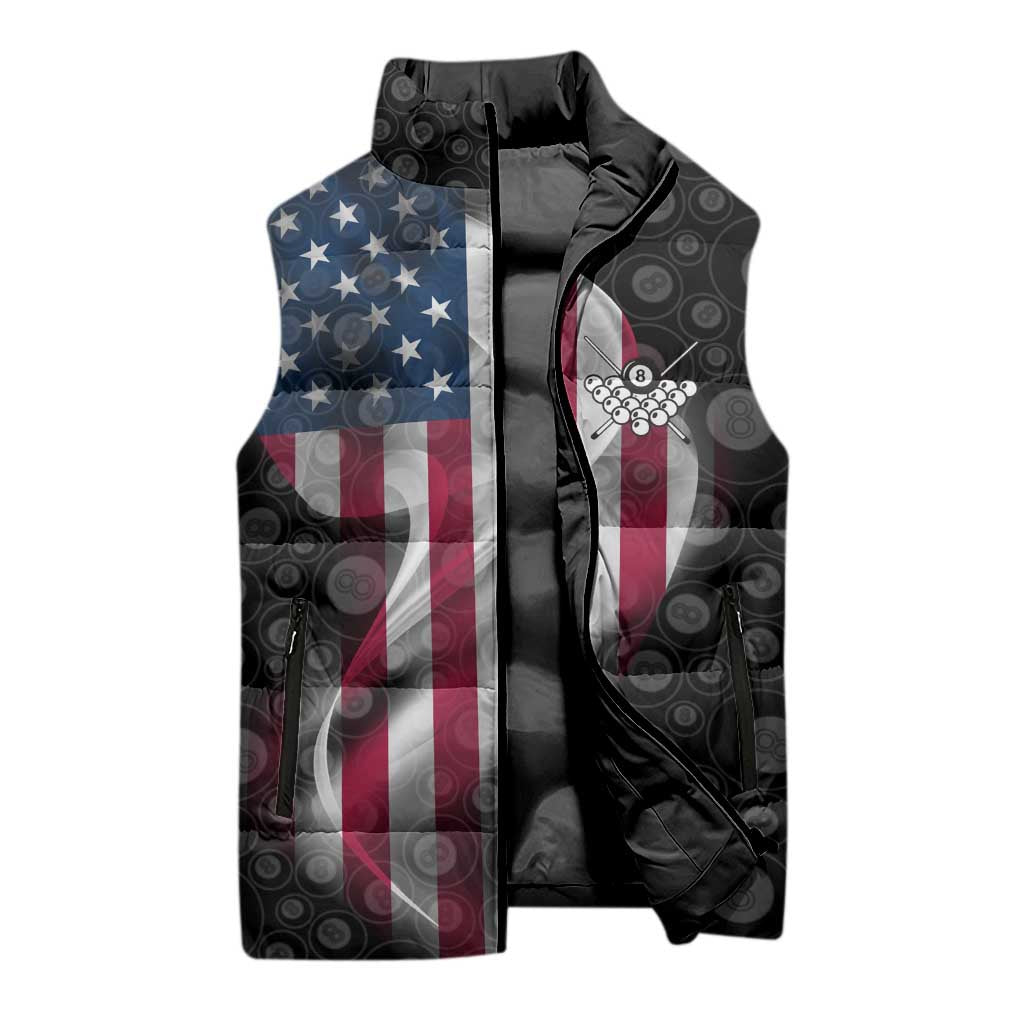 American Flag Bowling Ball and Pins Graphic Sleeveless Puffer Jacket with Black Patterned Background and Custom Team Name Design - Wonder Print Shop