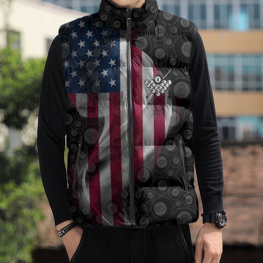 American Flag Bowling Ball and Pins Graphic Sleeveless Puffer Jacket with Black Patterned Background and Custom Team Name Design - Wonder Print Shop