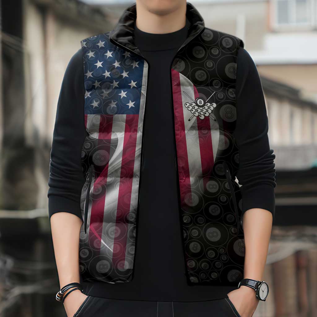 American Flag Bowling Ball and Pins Graphic Sleeveless Puffer Jacket with Black Patterned Background and Custom Team Name Design - Wonder Print Shop