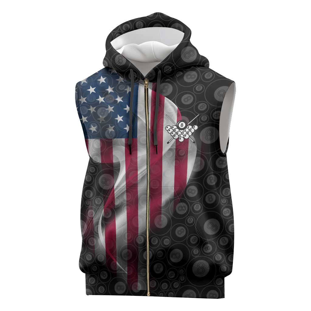 American Flag Bowling Ball and Pins Graphic Sleeveless Zip Hoodie with Black Patterned Background and Custom Team Name Design - Wonder Print Shop