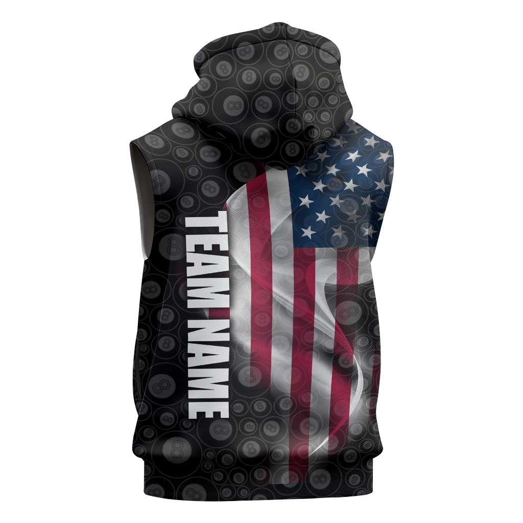 American Flag Bowling Ball and Pins Graphic Sleeveless Zip Hoodie with Black Patterned Background and Custom Team Name Design - Wonder Print Shop