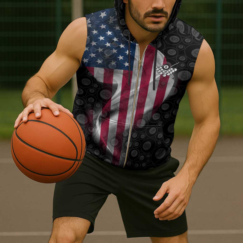 American Flag Bowling Ball and Pins Graphic Sleeveless Zip Hoodie with Black Patterned Background and Custom Team Name Design - Wonder Print Shop
