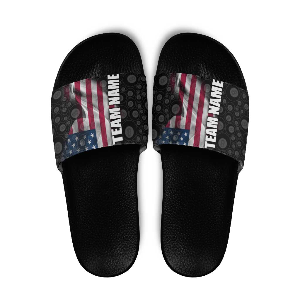 American Flag Bowling Ball and Pins Graphic Slide Sandals with Black Patterned Background and Custom Team Name Design - Wonder Print Shop