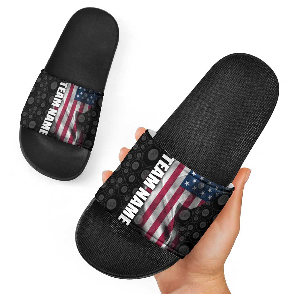 American Flag Bowling Ball and Pins Graphic Slide Sandals with Black Patterned Background and Custom Team Name Design - Wonder Print Shop