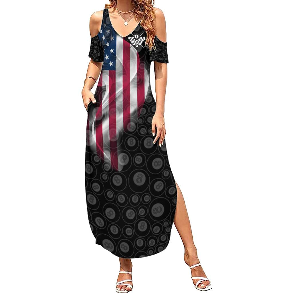 American Flag Bowling Ball and Pins Graphic Summer Maxi Dress with Black Patterned Background and Custom Team Name Design - Wonder Print Shop