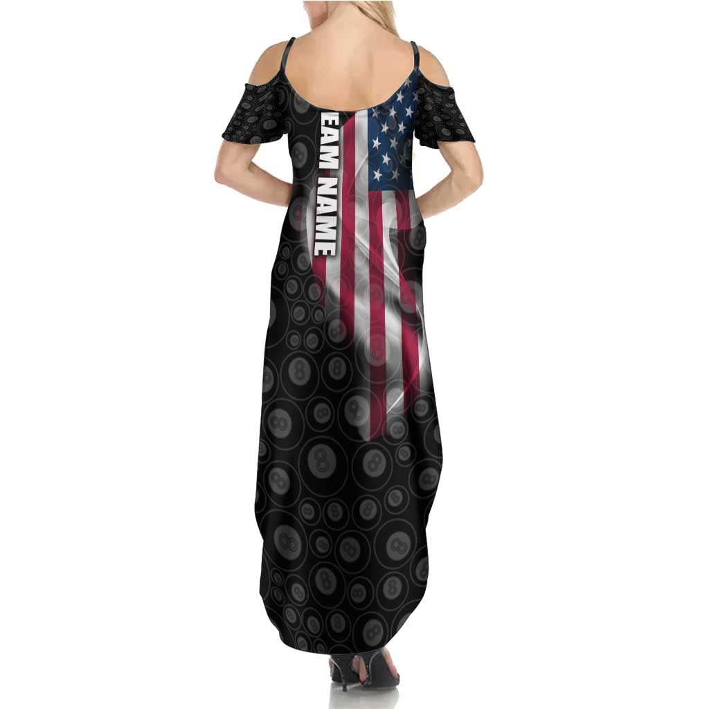 American Flag Bowling Ball and Pins Graphic Summer Maxi Dress with Black Patterned Background and Custom Team Name Design - Wonder Print Shop