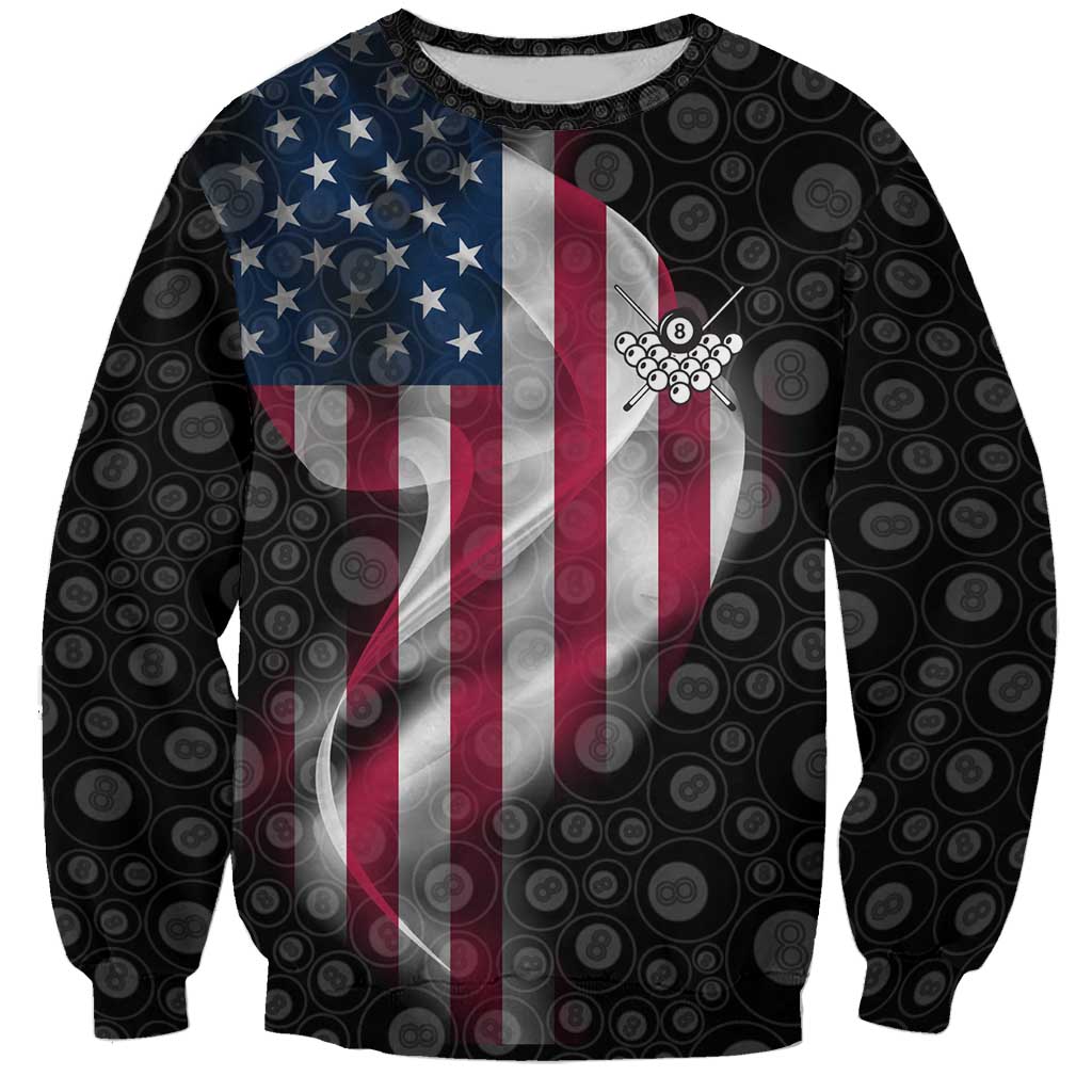 American Flag Bowling Ball and Pins Graphic Sweatshirt with Black Patterned Background and Custom Team Name Design - Wonder Print Shop