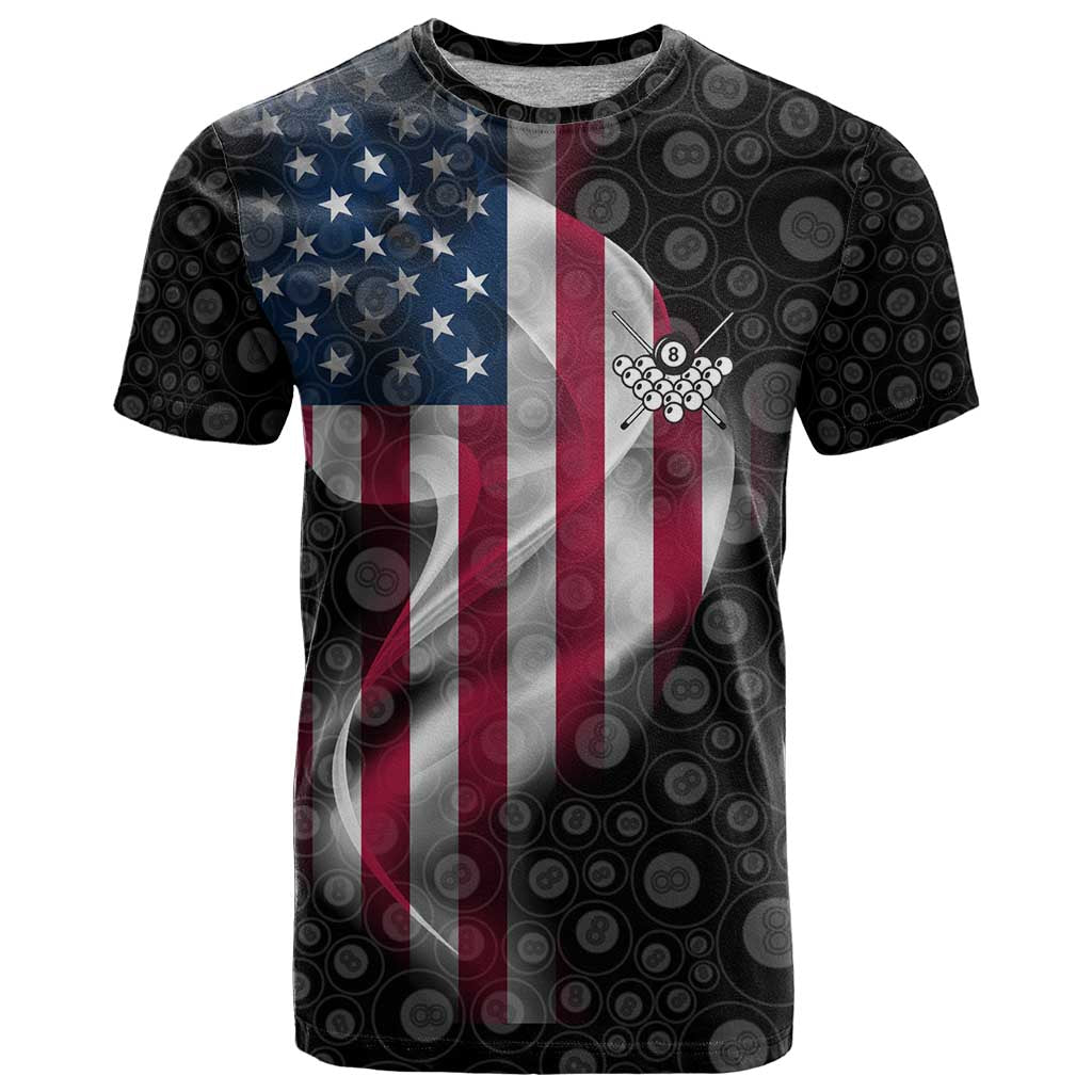 American Flag Bowling Ball and Pins Graphic T Shirt with Black Patterned Background and Custom Team Name Design - Wonder Print Shop