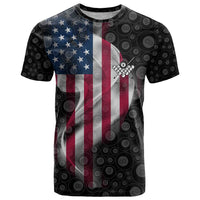 American Flag Bowling Ball and Pins Graphic T Shirt with Black Patterned Background and Custom Team Name Design - Wonder Print Shop