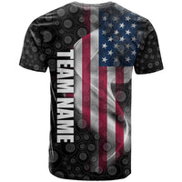 American Flag Bowling Ball and Pins Graphic T Shirt with Black Patterned Background and Custom Team Name Design - Wonder Print Shop