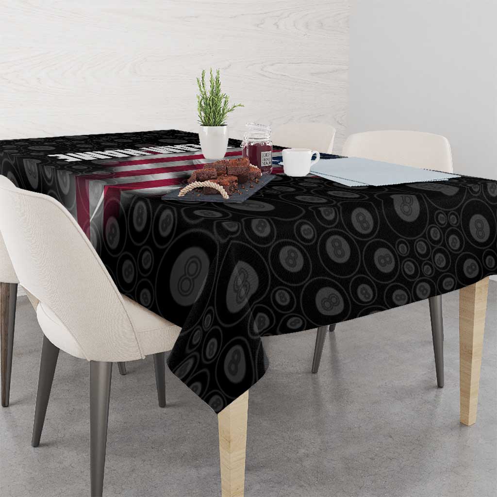 American Flag Bowling Ball and Pins Graphic Tablecloth with Black Patterned Background and Custom Team Name Design - Wonder Print Shop