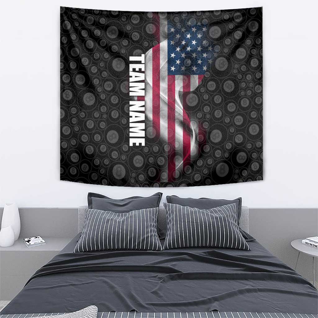 American Flag Bowling Ball and Pins Graphic Tapestry with Black Patterned Background and Custom Team Name Design - Wonder Print Shop