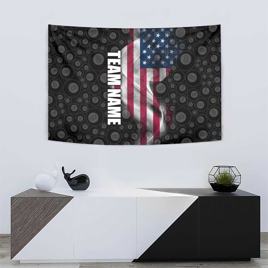 American Flag Bowling Ball and Pins Graphic Tapestry with Black Patterned Background and Custom Team Name Design - Wonder Print Shop
