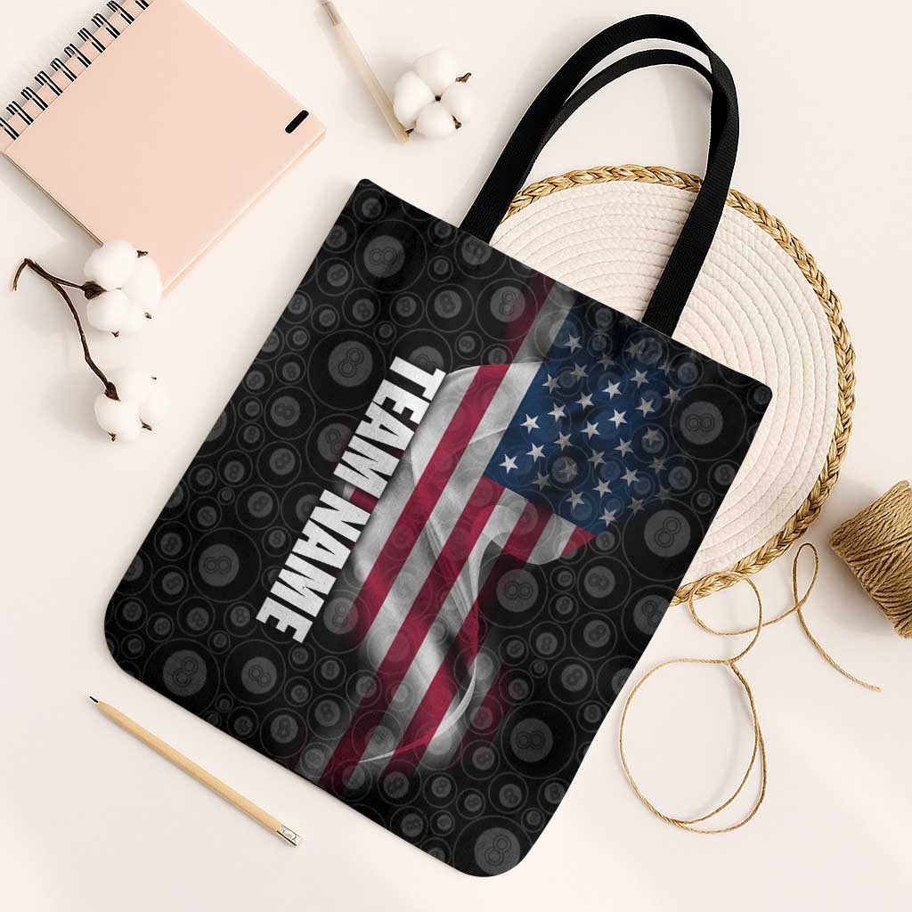 American Flag Bowling Ball and Pins Graphic Tote Bag with Black Patterned Background and Custom Team Name Design - Wonder Print Shop