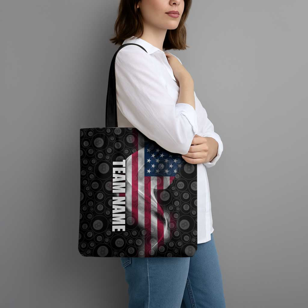 American Flag Bowling Ball and Pins Graphic Tote Bag with Black Patterned Background and Custom Team Name Design - Wonder Print Shop