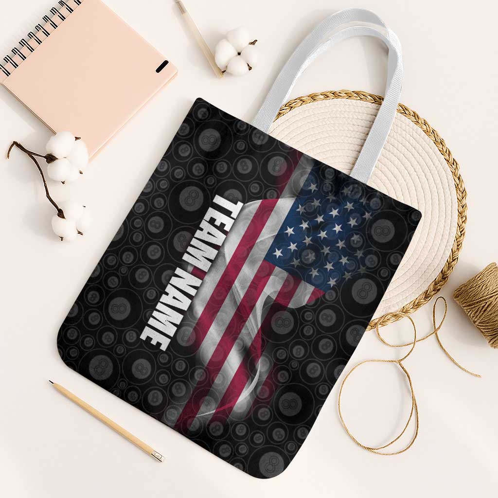 American Flag Bowling Ball and Pins Graphic Tote Bag with Black Patterned Background and Custom Team Name Design - Wonder Print Shop