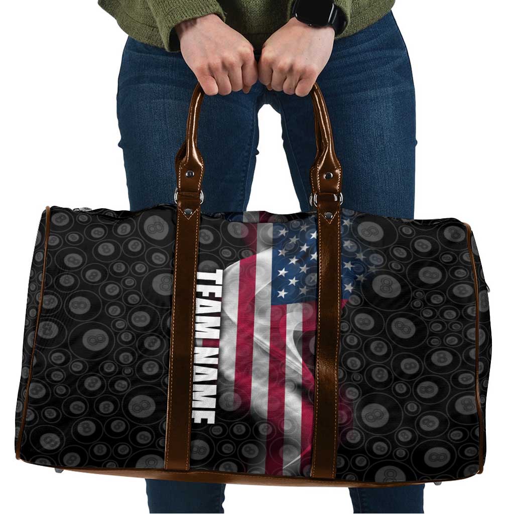 American Flag Bowling Ball and Pins Graphic Travel Bag with Black Patterned Background and Custom Team Name Design - Wonder Print Shop