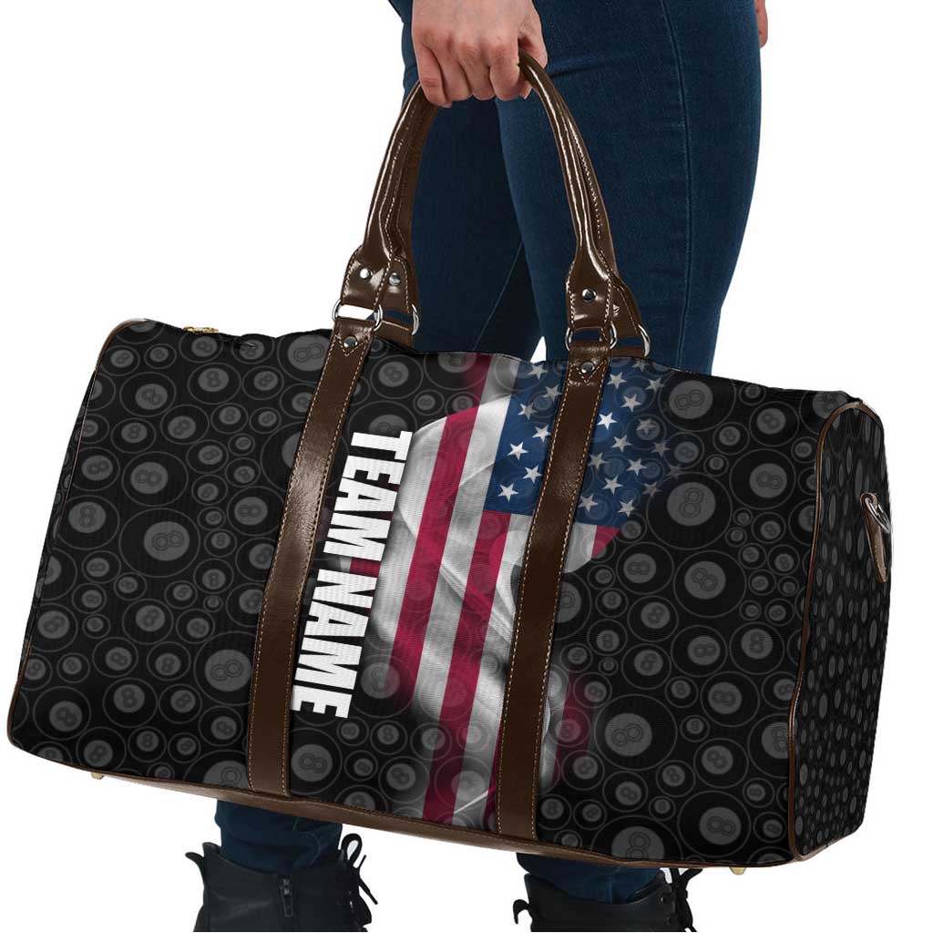 American Flag Bowling Ball and Pins Graphic Travel Bag with Black Patterned Background and Custom Team Name Design - Wonder Print Shop
