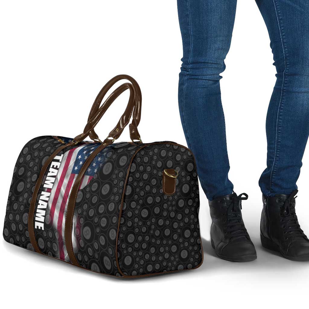 American Flag Bowling Ball and Pins Graphic Travel Bag with Black Patterned Background and Custom Team Name Design - Wonder Print Shop