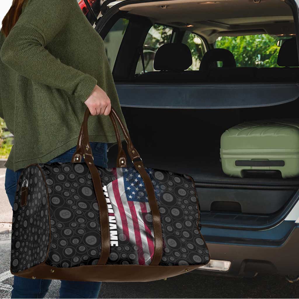American Flag Bowling Ball and Pins Graphic Travel Bag with Black Patterned Background and Custom Team Name Design - Wonder Print Shop