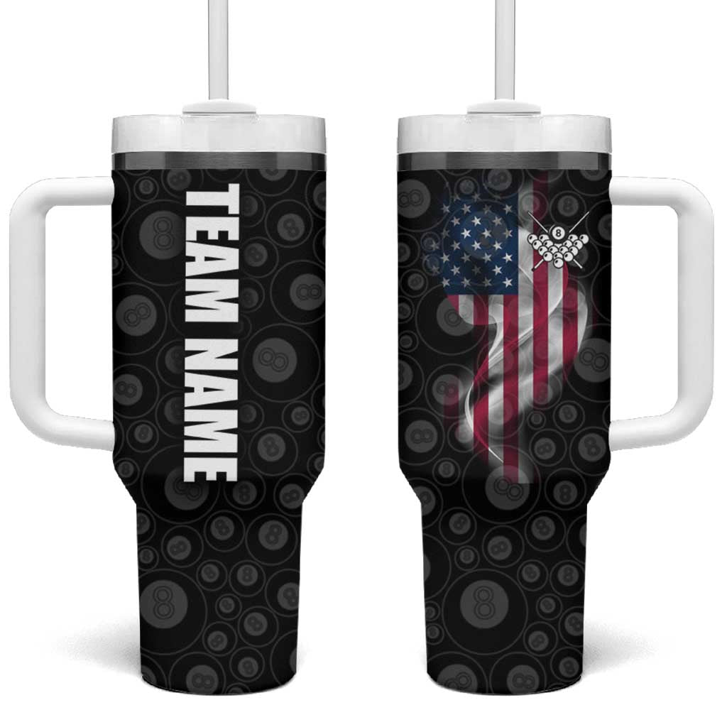 American Flag Bowling Ball and Pins Graphic Tumbler With Handle with Black Patterned Background and Custom Team Name Design - Wonder Print Shop