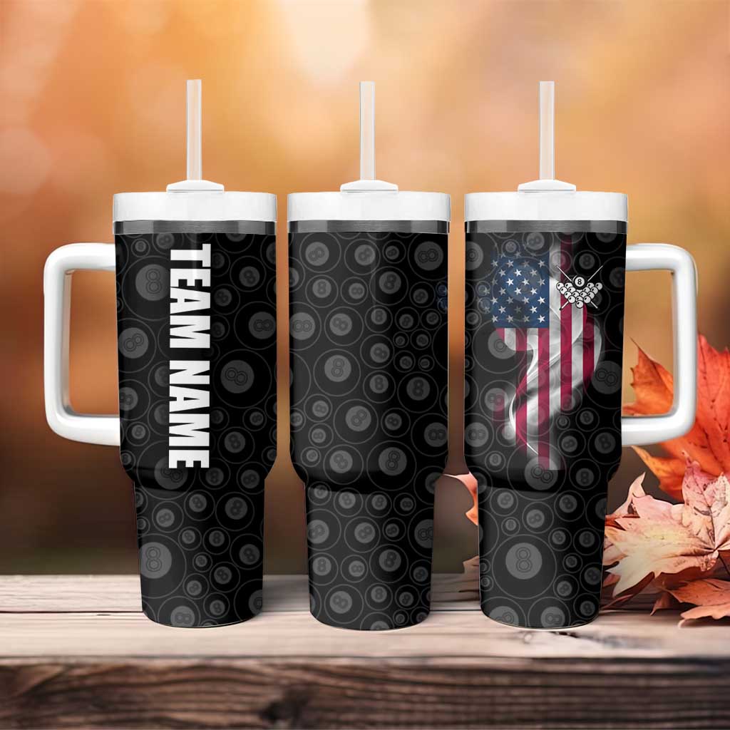 American Flag Bowling Ball and Pins Graphic Tumbler With Handle with Black Patterned Background and Custom Team Name Design - Wonder Print Shop