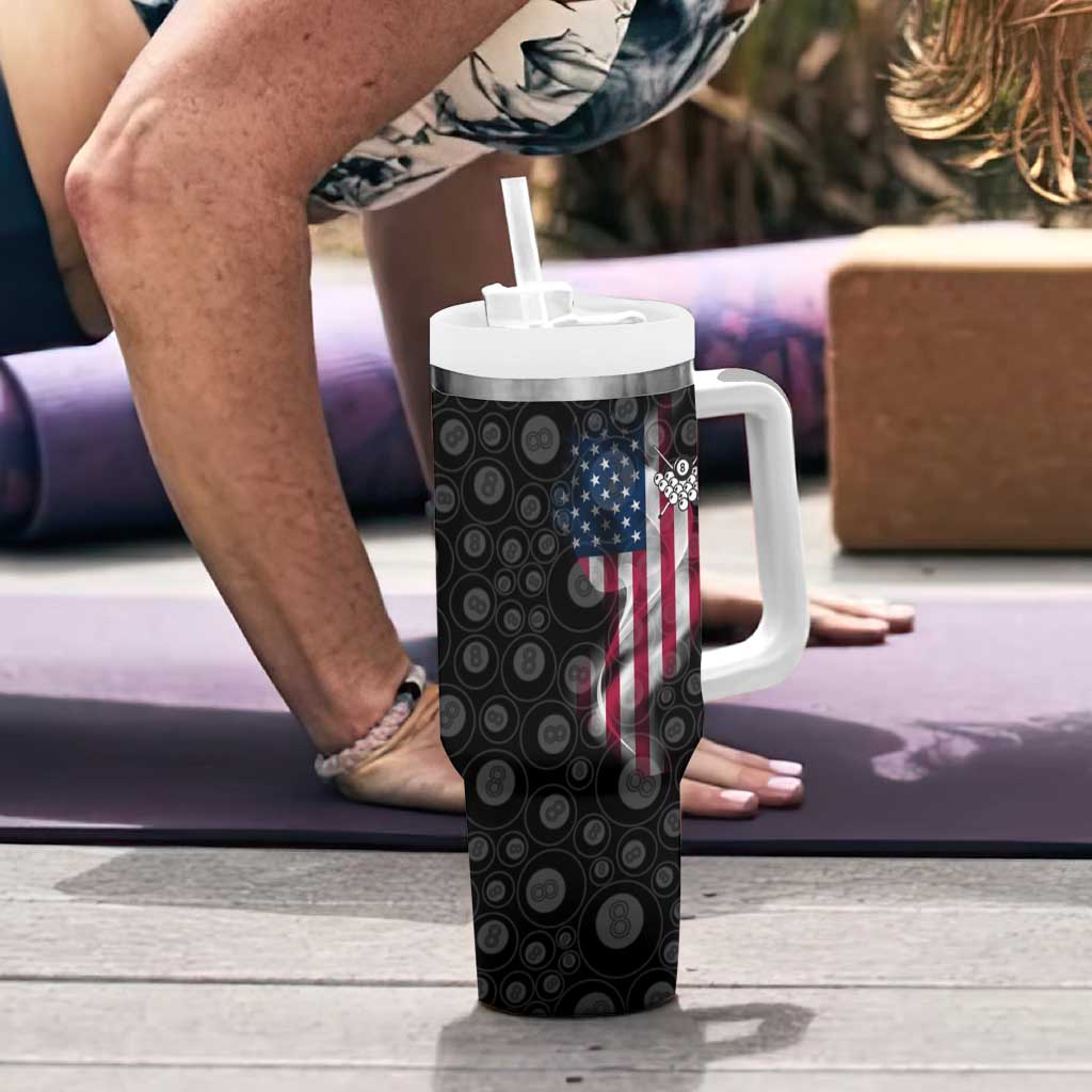 American Flag Bowling Ball and Pins Graphic Tumbler With Handle with Black Patterned Background and Custom Team Name Design - Wonder Print Shop